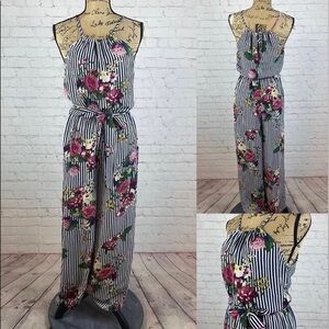Sequin Hearts Navy Blue Striped/Floral Jumpsuit